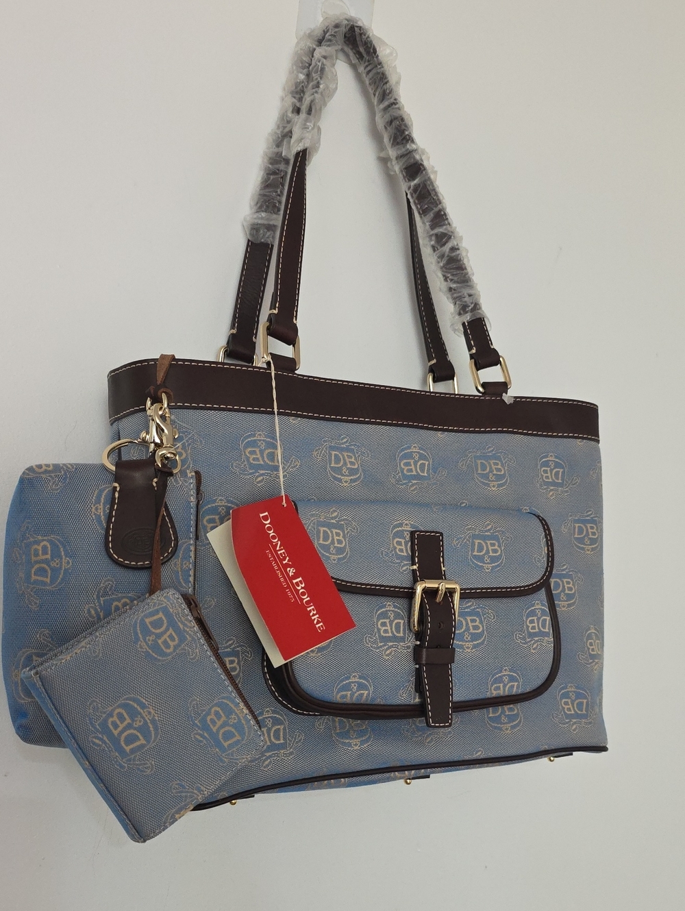 Dooney & Bourke Light Blue Logo Tote with Dark Brown Trim